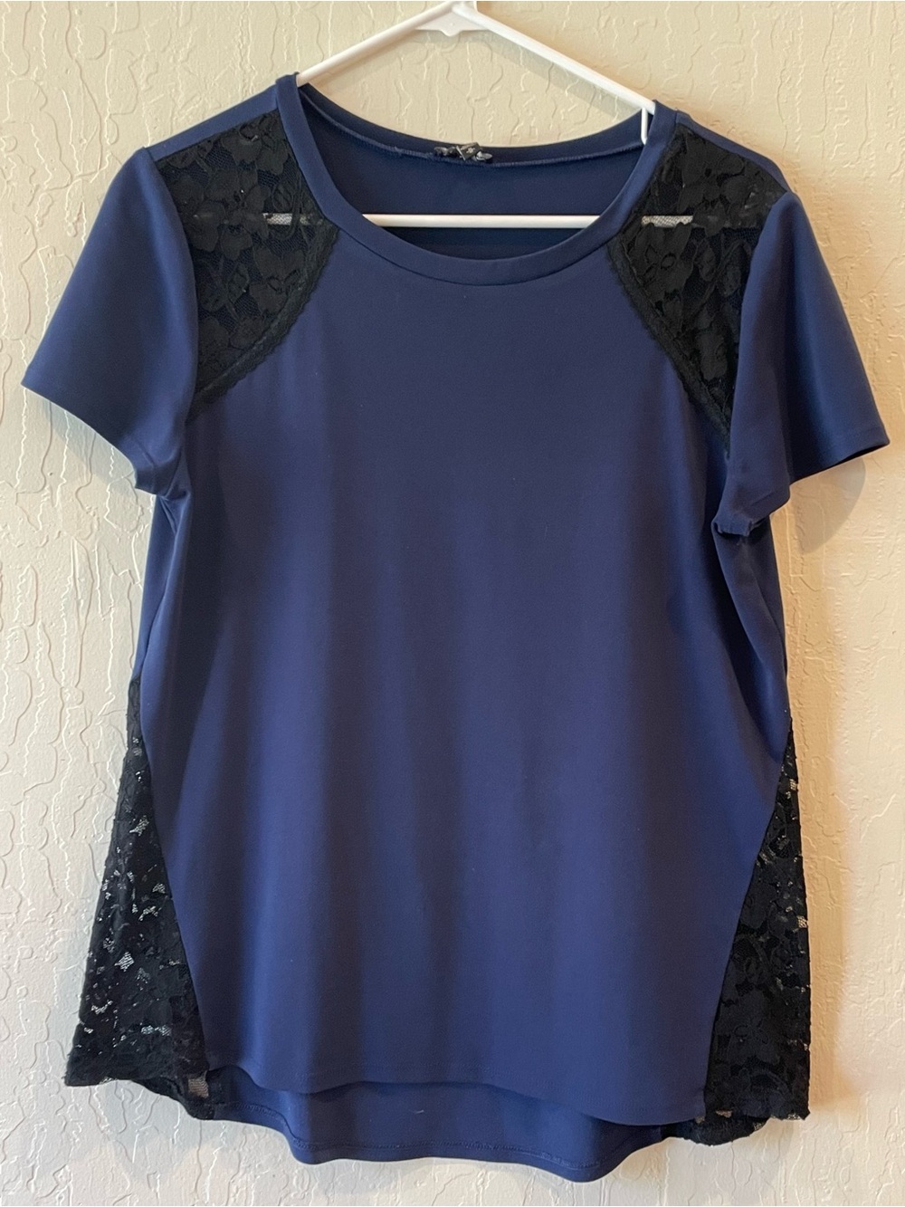 Express Navy Short-Sleeve Top with Black Lace Panels